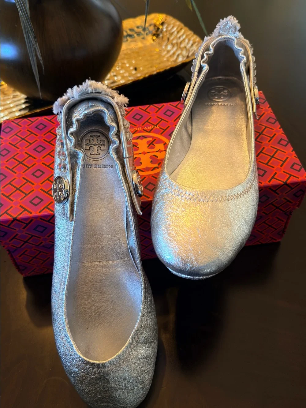 Tory Burch Metallic Silver Jewel-Embellished Ballet Flats